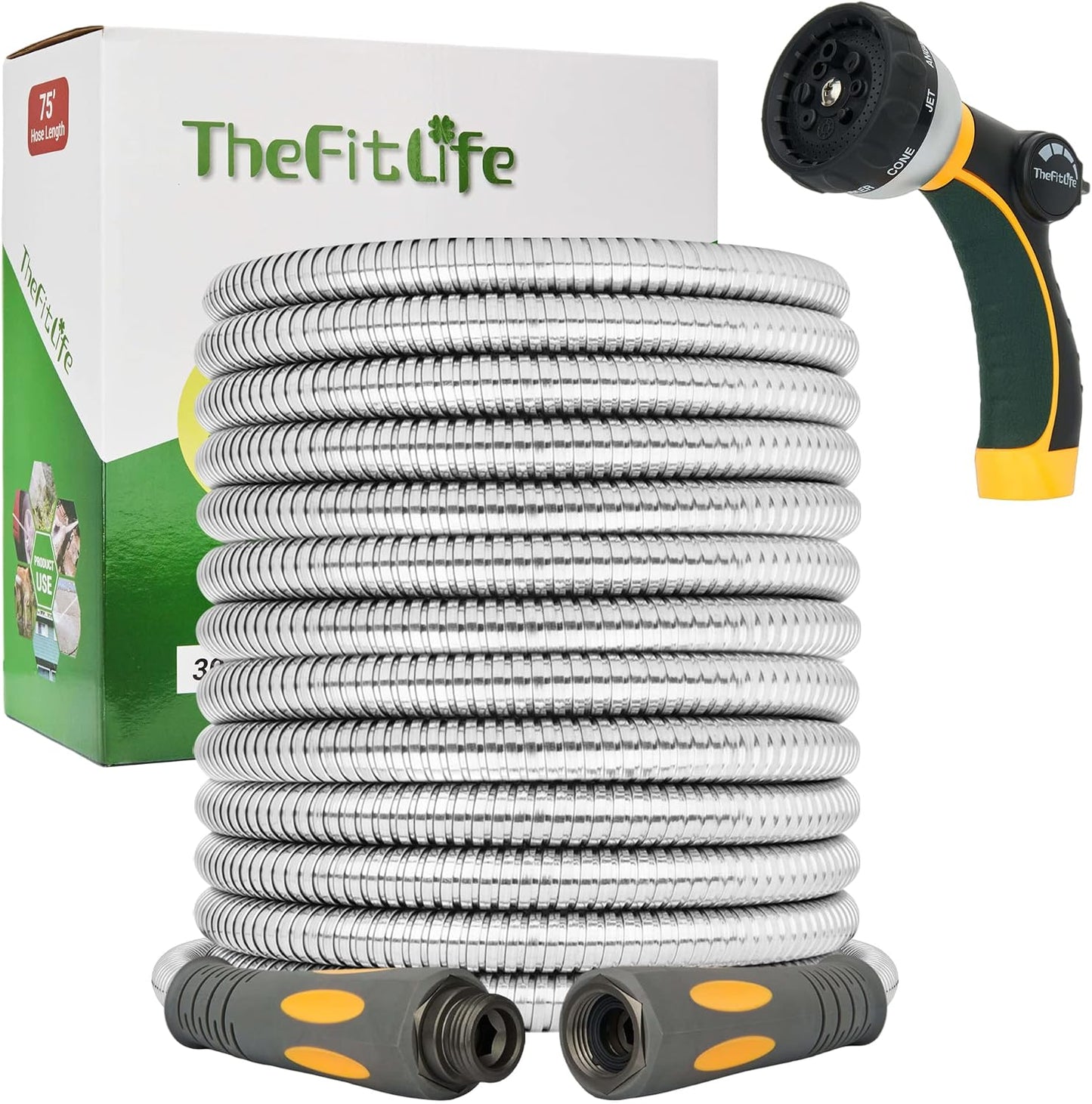 Flexible Metal Garden Hose - 75 FT Lightweight Stainless Steel Water Hose with Solid Fittings and Sprayer Nozzle - Leak Proof, Kink Free, Anti-rust, Large Diameter, Durable and Easy Storage