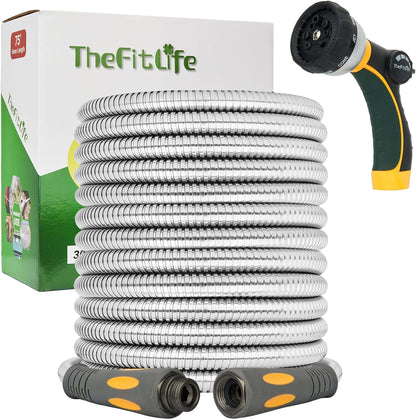 Flexible Metal Garden Hose - 75 FT Lightweight Stainless Steel Water Hose with Solid Fittings and Sprayer Nozzle - Leak Proof, Kink Free, Anti-rust, Large Diameter, Durable and Easy Storage