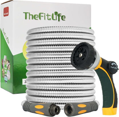 Flexible Metal Garden Hose - 75 FT Lightweight Stainless Steel Water Hose with Solid Fittings and Sprayer Nozzle - Leak Proof, Kink Free, Anti-rust, Large Diameter, Durable and Easy Storage