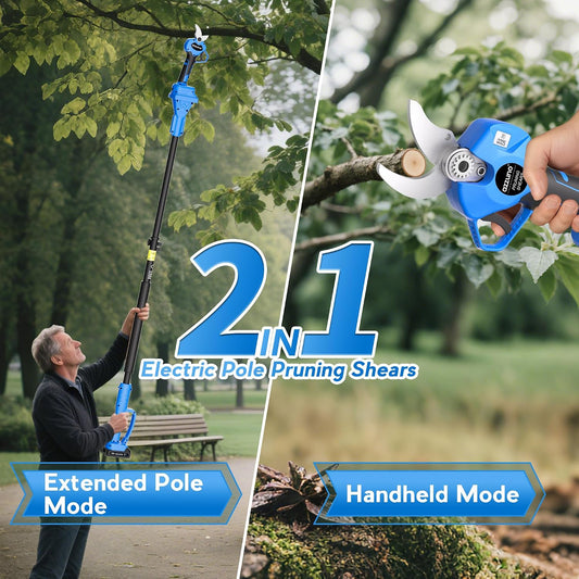 20V 2-IN-1 Electric Pole Pruning Shears: 1.4 Inch Cordless Long Handle Pruner 13ft Reach, Brushless Branch Cutter with LCD Display for Tree Trimming Gardening (2Pcs 2.0Ah Batteries and Charger)