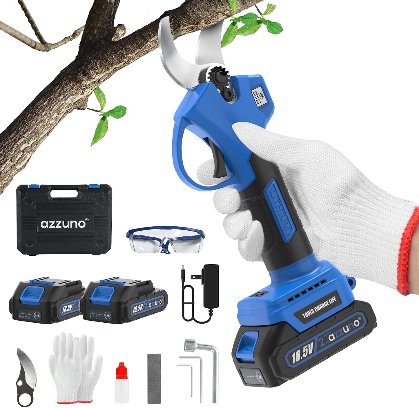 20V 2-IN-1 Electric Pole Pruning Shears: 1.4 Inch Cordless Long Handle Pruner 13ft Reach, Brushless Branch Cutter with LCD Display for Tree Trimming Gardening (2Pcs 2.0Ah Batteries and Charger)