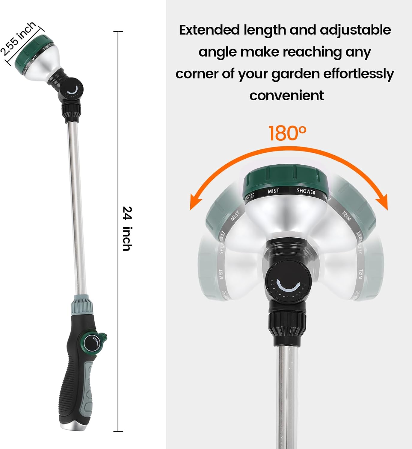 Watering Wand for Garden Hose, 24 Inch, 8 Spray Patterns, Garden Hose Nozzle with Thumb Flow Control, Adjustable Water Sprayer with Pivoting Head, Ideal for Hanging Baskets and Shrubs