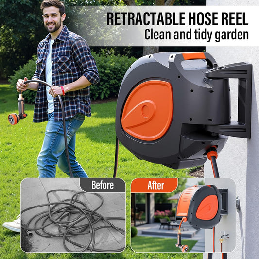 100FT Retractable Garden Hose Reel with 8-Pattern Nozzle,Wall Mount