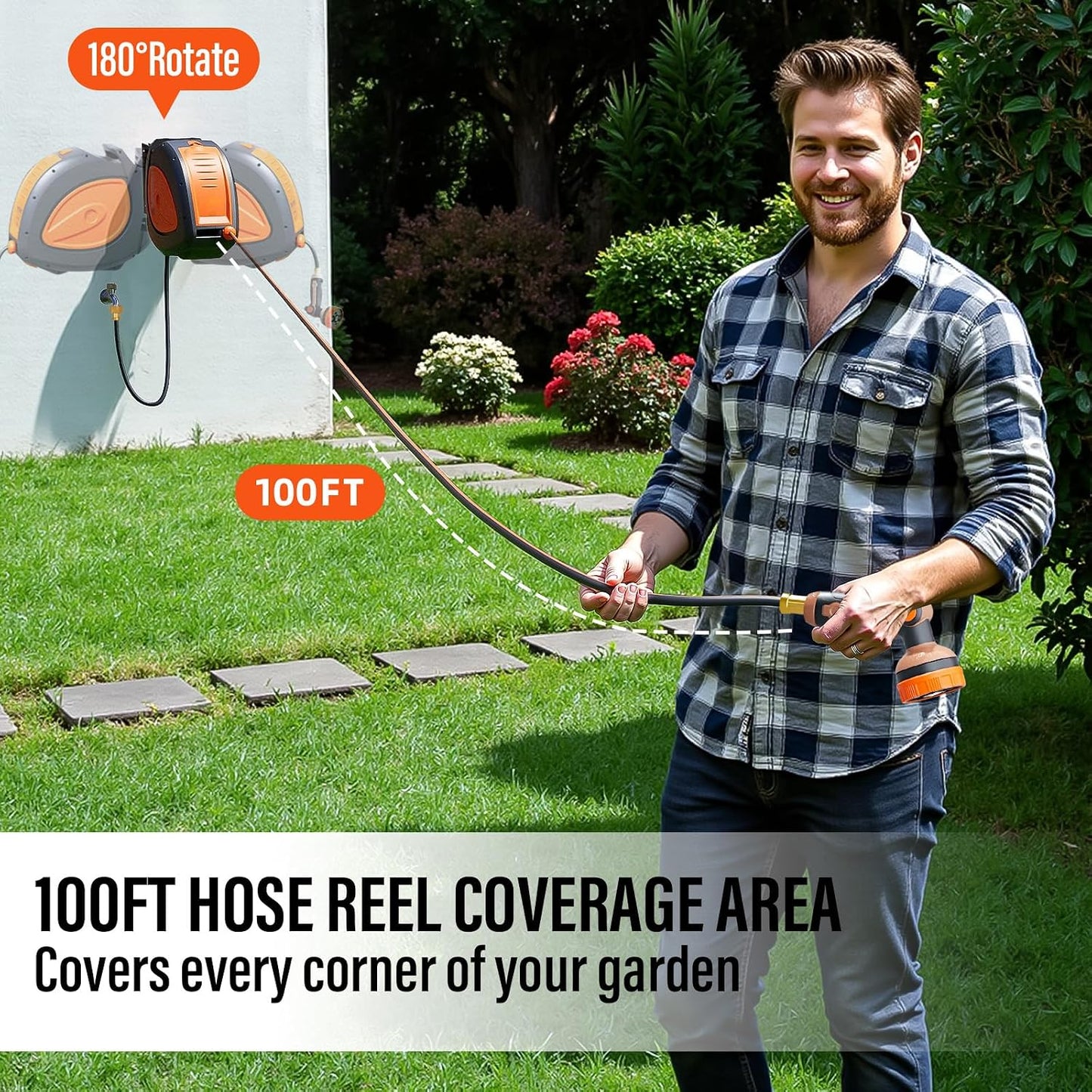 100FT Retractable Garden Hose Reel with 8-Pattern Nozzle,Wall Mount