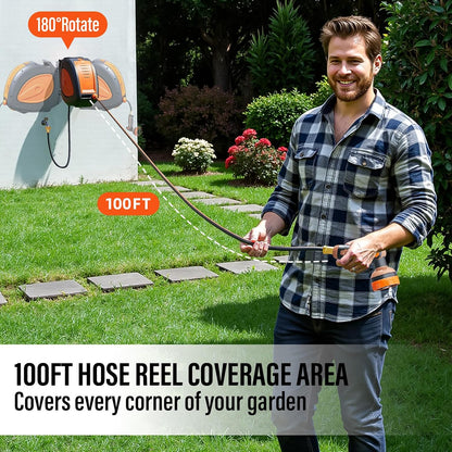 100FT Retractable Garden Hose Reel with 8-Pattern Nozzle,Wall Mount