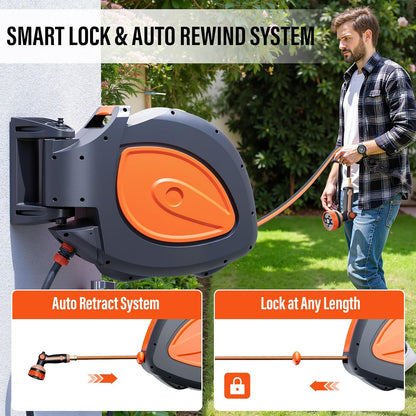 100FT Retractable Garden Hose Reel with 8-Pattern Nozzle,Wall Mount