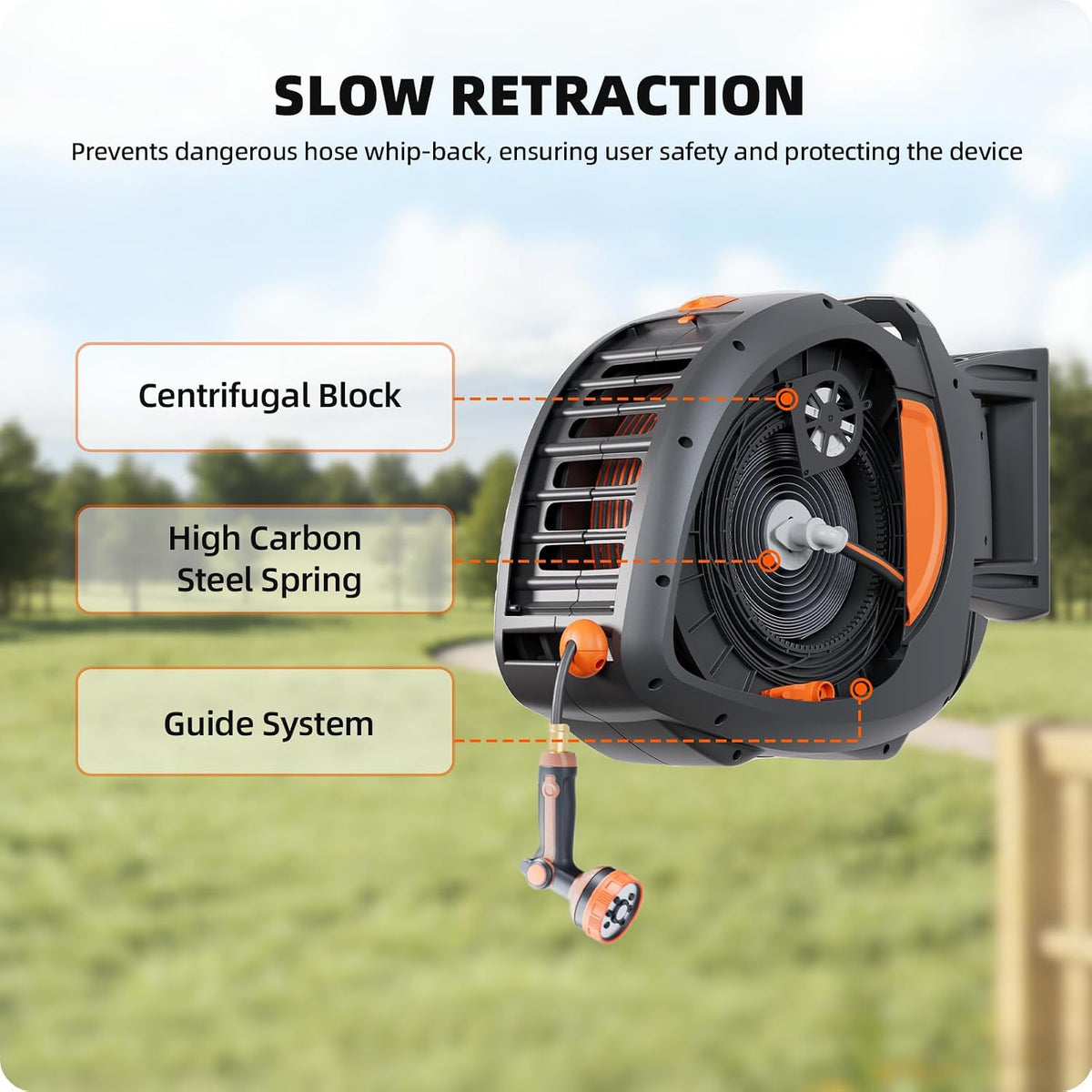 100FT Retractable Garden Hose Reel with 8-Pattern Nozzle,Wall Mount
