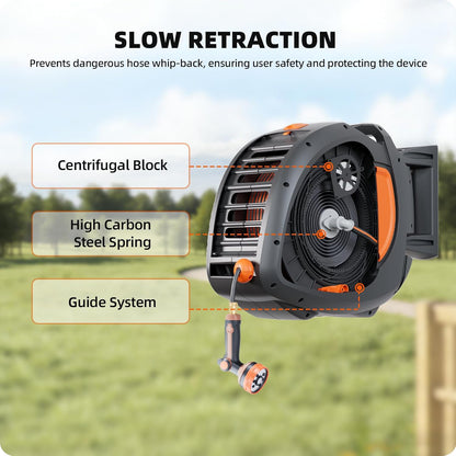 100FT Retractable Garden Hose Reel with 8-Pattern Nozzle,Wall Mount