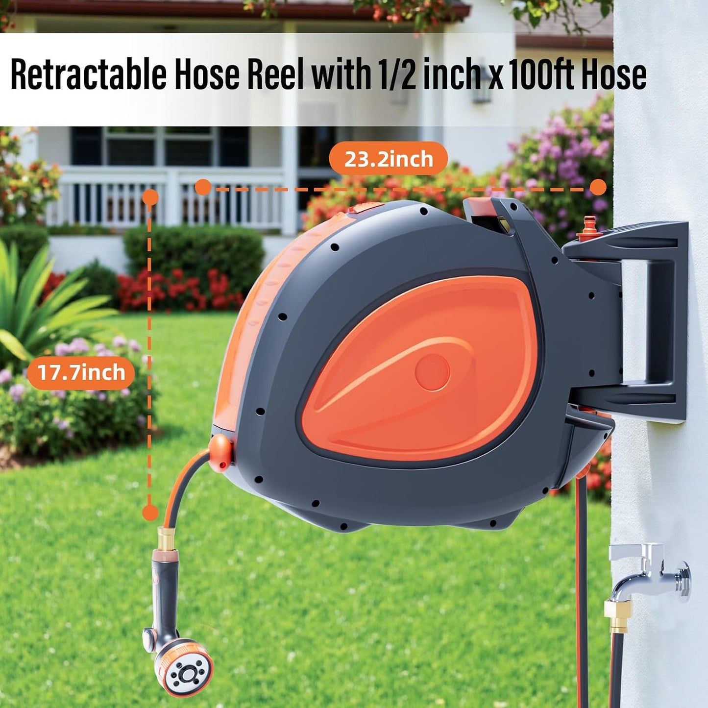 100FT Retractable Garden Hose Reel with 8-Pattern Nozzle,Wall Mount