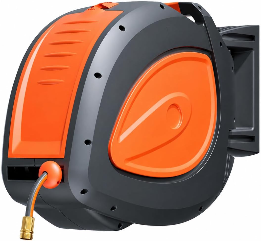 100FT Retractable Garden Hose Reel with 8-Pattern Nozzle,Wall Mount