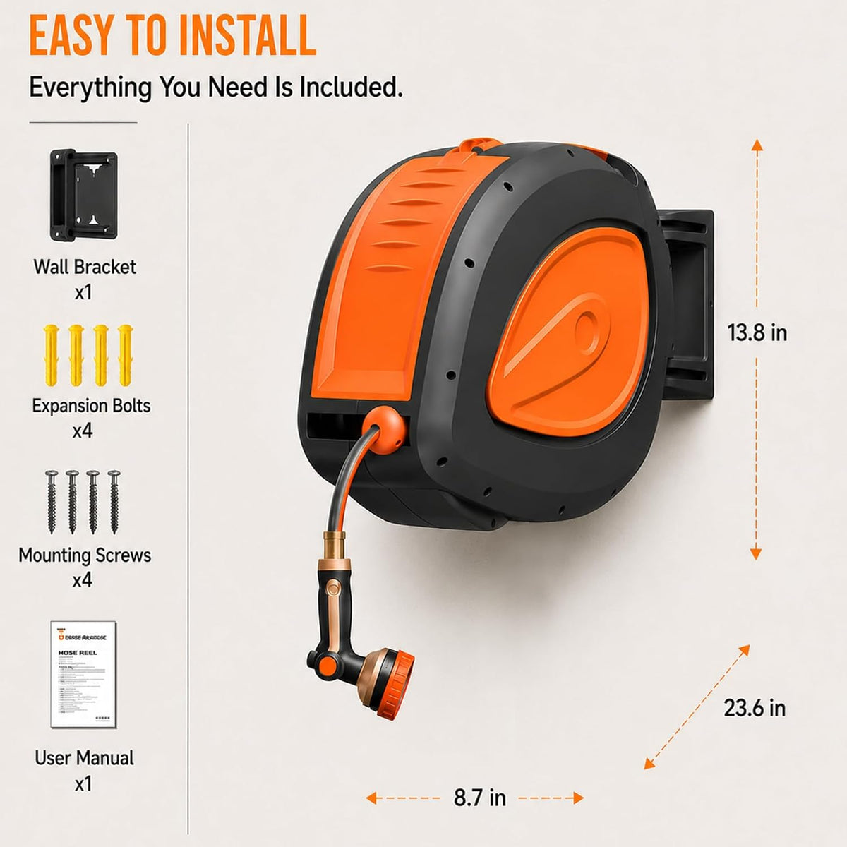 100FT Retractable Garden Hose Reel with 8-Pattern Nozzle,Wall Mount