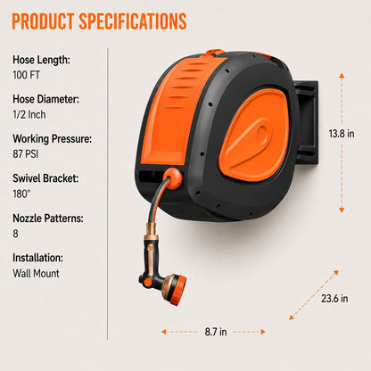 100FT Retractable Garden Hose Reel with 8-Pattern Nozzle,Wall Mount