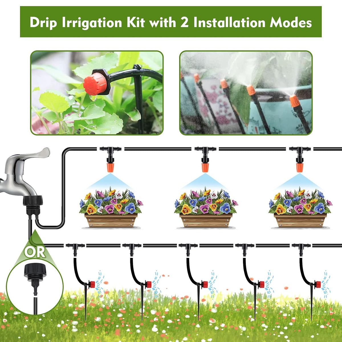 Drip Irrigation Kit, Drip Irrigation System for Garden with 1/4" Irrigation Tubing DIY Saving Water Automatic Watering System for Garden, Greenhouse, Flower Bed, Patio, Lawn