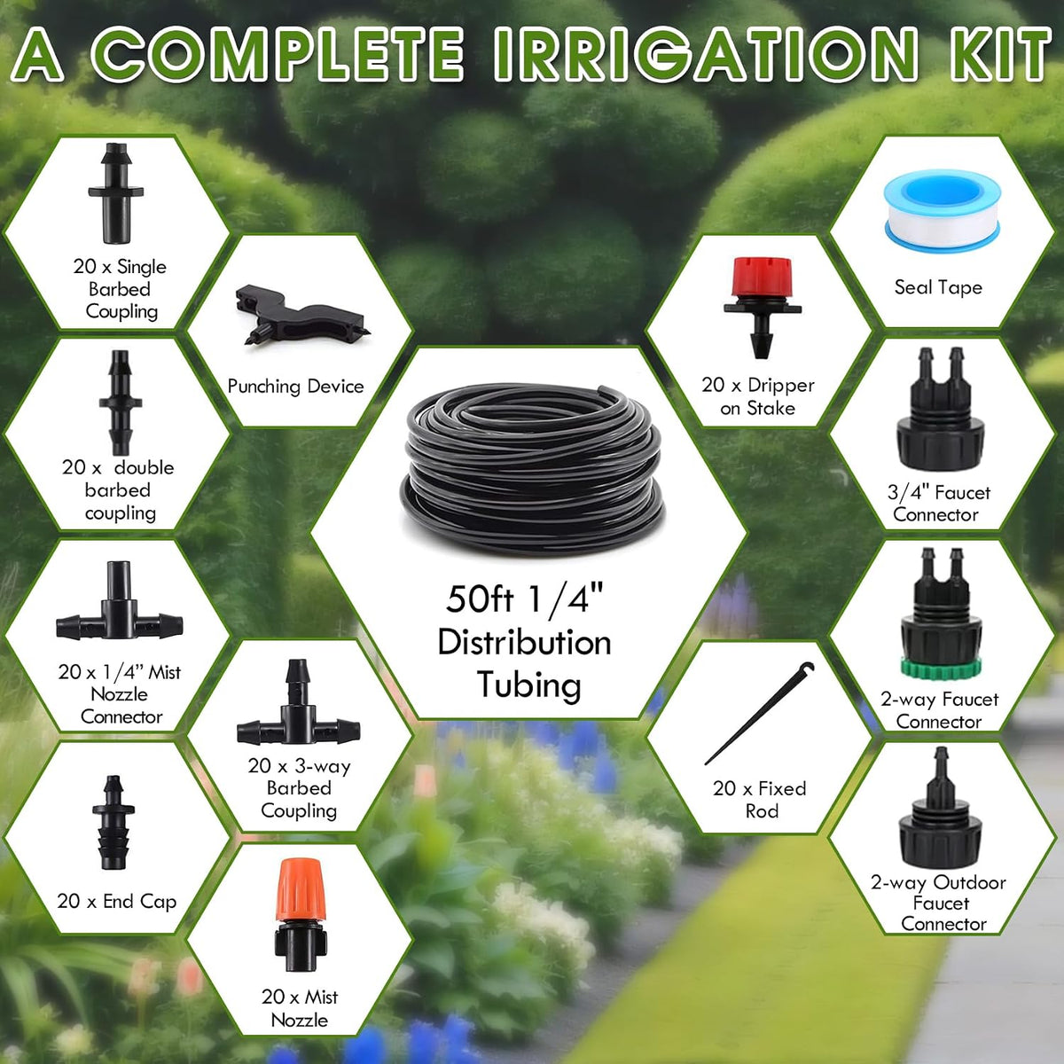 Drip Irrigation Kit, Drip Irrigation System for Garden with 1/4" Irrigation Tubing DIY Saving Water Automatic Watering System for Garden, Greenhouse, Flower Bed, Patio, Lawn