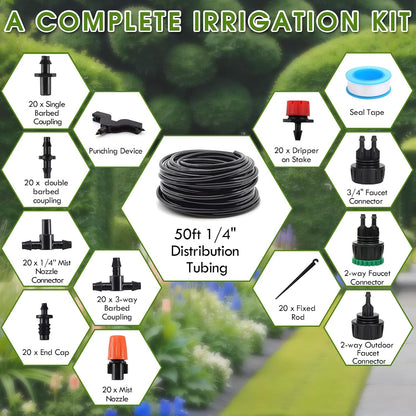 Drip Irrigation Kit, Drip Irrigation System for Garden with 1/4" Irrigation Tubing DIY Saving Water Automatic Watering System for Garden, Greenhouse, Flower Bed, Patio, Lawn