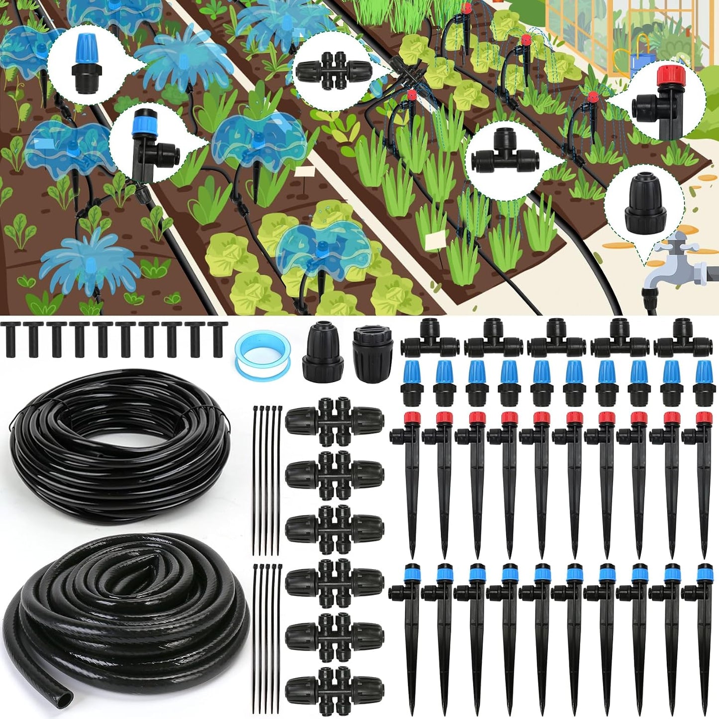 Drip Irrigation Kit, Drip Irrigation System for Garden with 1/4" Irrigation Tubing DIY Saving Water Automatic Watering System for Garden, Greenhouse, Flower Bed, Patio, Lawn