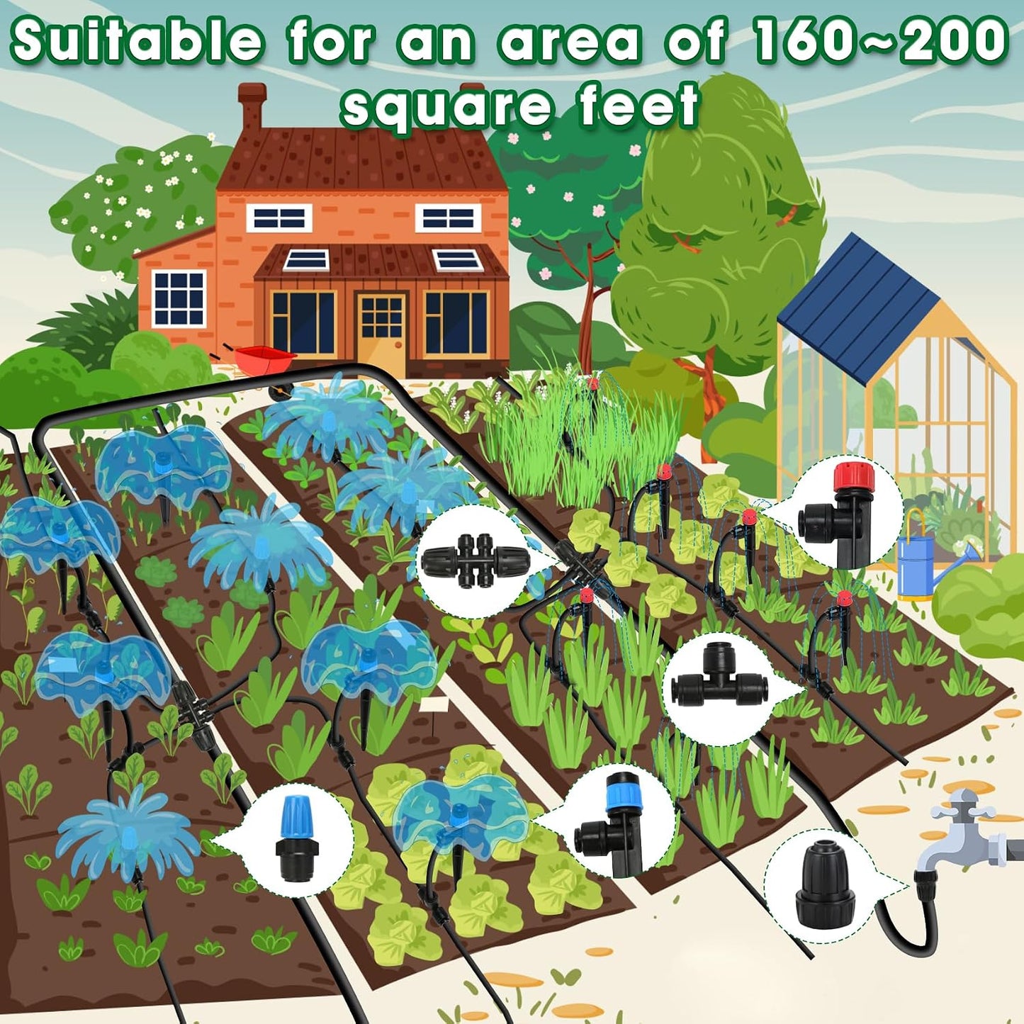 Drip Irrigation Kit, Drip Irrigation System for Garden with 1/4" Irrigation Tubing DIY Saving Water Automatic Watering System for Garden, Greenhouse, Flower Bed, Patio, Lawn