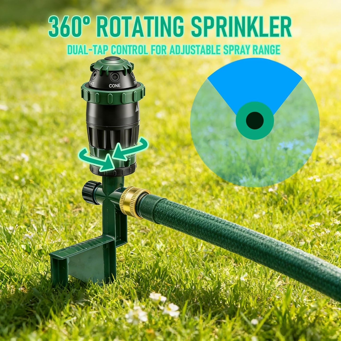 2-Pack Gear Drive Sprinklers for Yard, 360 Degree Garden Water Sprinkler Head on Spike Base with 3/4 Inch Adapters, 5 Modes Adjustable Irrigation Tool for Large Area Yard Lawn Garden