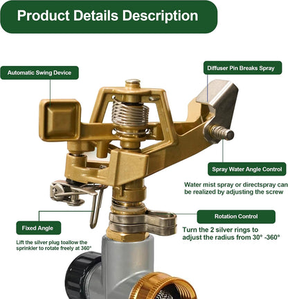 2-Pack Gear Drive Sprinklers for Yard, 360 Degree Garden Water Sprinkler Head on Spike Base with 3/4 Inch Adapters, 5 Modes Adjustable Irrigation Tool for Large Area Yard Lawn Garden