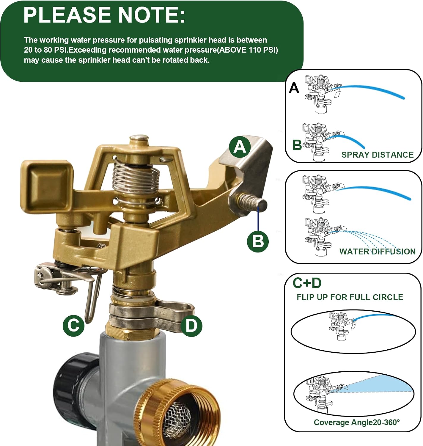2-Pack Gear Drive Sprinklers for Yard, 360 Degree Garden Water Sprinkler Head on Spike Base with 3/4 Inch Adapters, 5 Modes Adjustable Irrigation Tool for Large Area Yard Lawn Garden