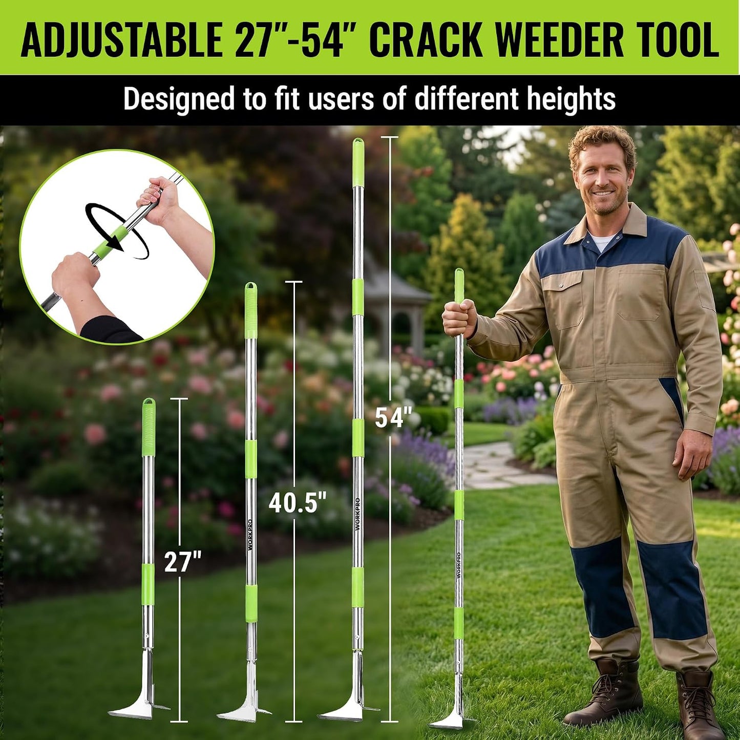 Crack Weeder, Stainless Steel Crevice Weeding Tool with Adjustable Long Handle (27"-54")