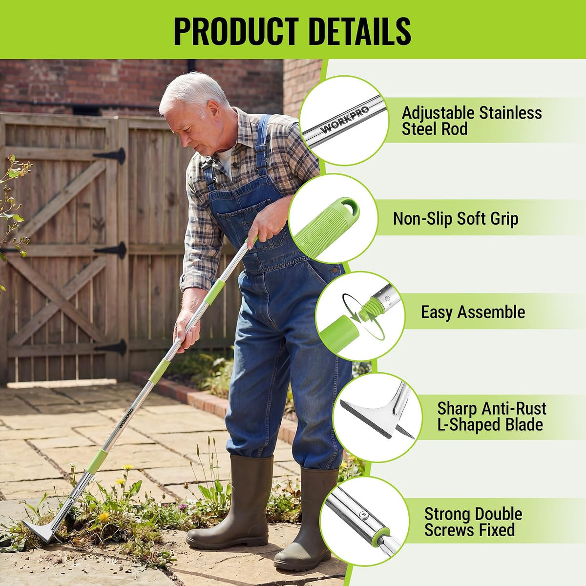 Crack Weeder, Stainless Steel Crevice Weeding Tool with Adjustable Long Handle (27"-54")