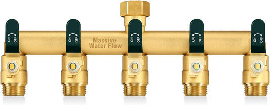 5 Way Hose Splitter, Heavy Duty Full Flow Garden Hose Splitter with 5 Large Metal Handles, Brass Water Hose Bib Splitter, T Adapter Connector with 3/4 - Inch GHT Thread (Green)