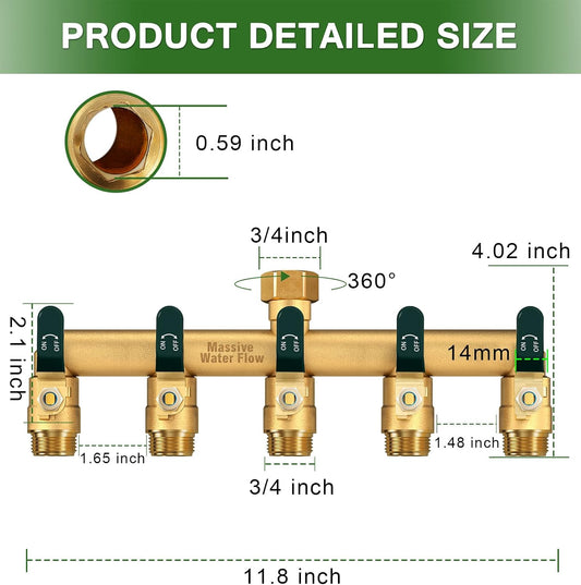5 Way Hose Splitter, Heavy Duty Full Flow Garden Hose Splitter with 5 Large Metal Handles, Brass Water Hose Bib Splitter, T Adapter Connector with 3/4 - Inch GHT Thread (Green)