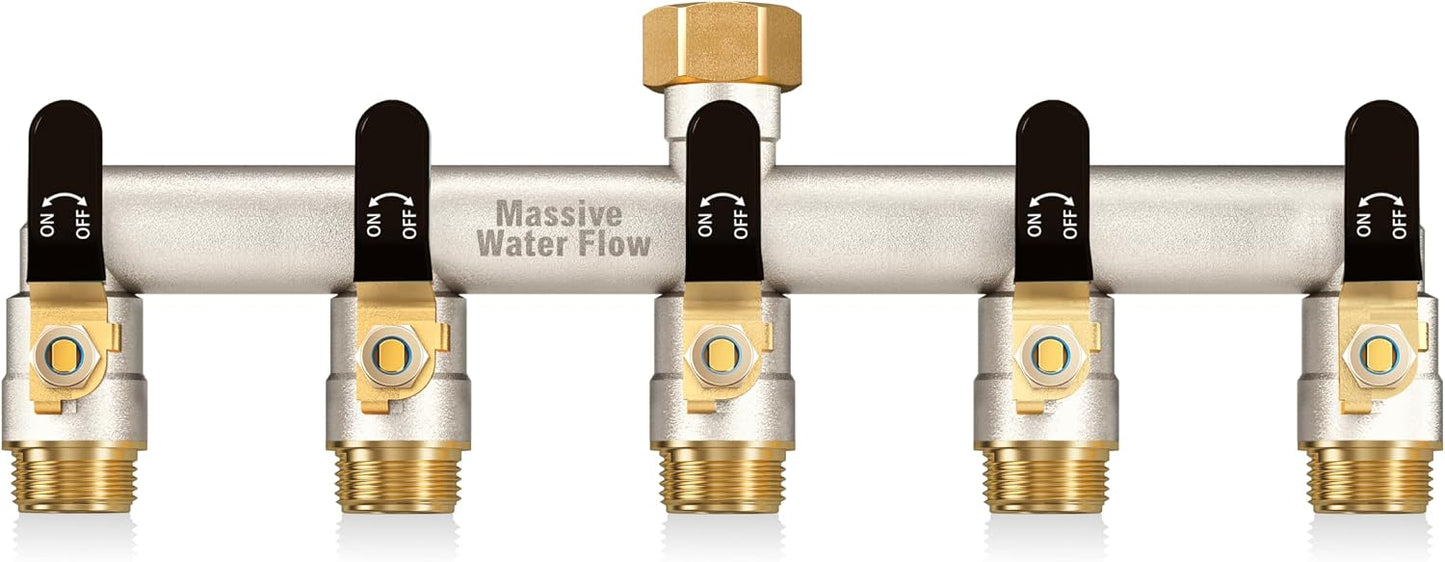 5 Way Hose Splitter, Heavy Duty Full Flow Garden Hose Splitter with 5 Large Metal Handles, Brass Water Hose Bib Splitter, T Adapter Connector with 3/4 - Inch GHT Thread (Green)
