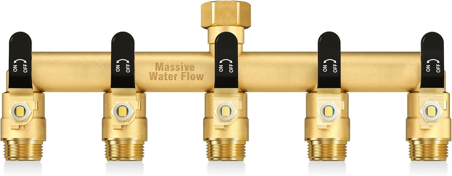 5 Way Hose Splitter, Heavy Duty Full Flow Garden Hose Splitter with 5 Large Metal Handles, Brass Water Hose Bib Splitter, T Adapter Connector with 3/4 - Inch GHT Thread (Green)