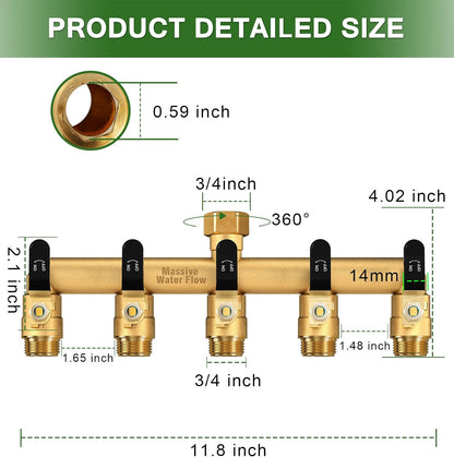 5 Way Hose Splitter, Heavy Duty Full Flow Garden Hose Splitter with 5 Large Metal Handles, Brass Water Hose Bib Splitter, T Adapter Connector with 3/4 - Inch GHT Thread (Green)