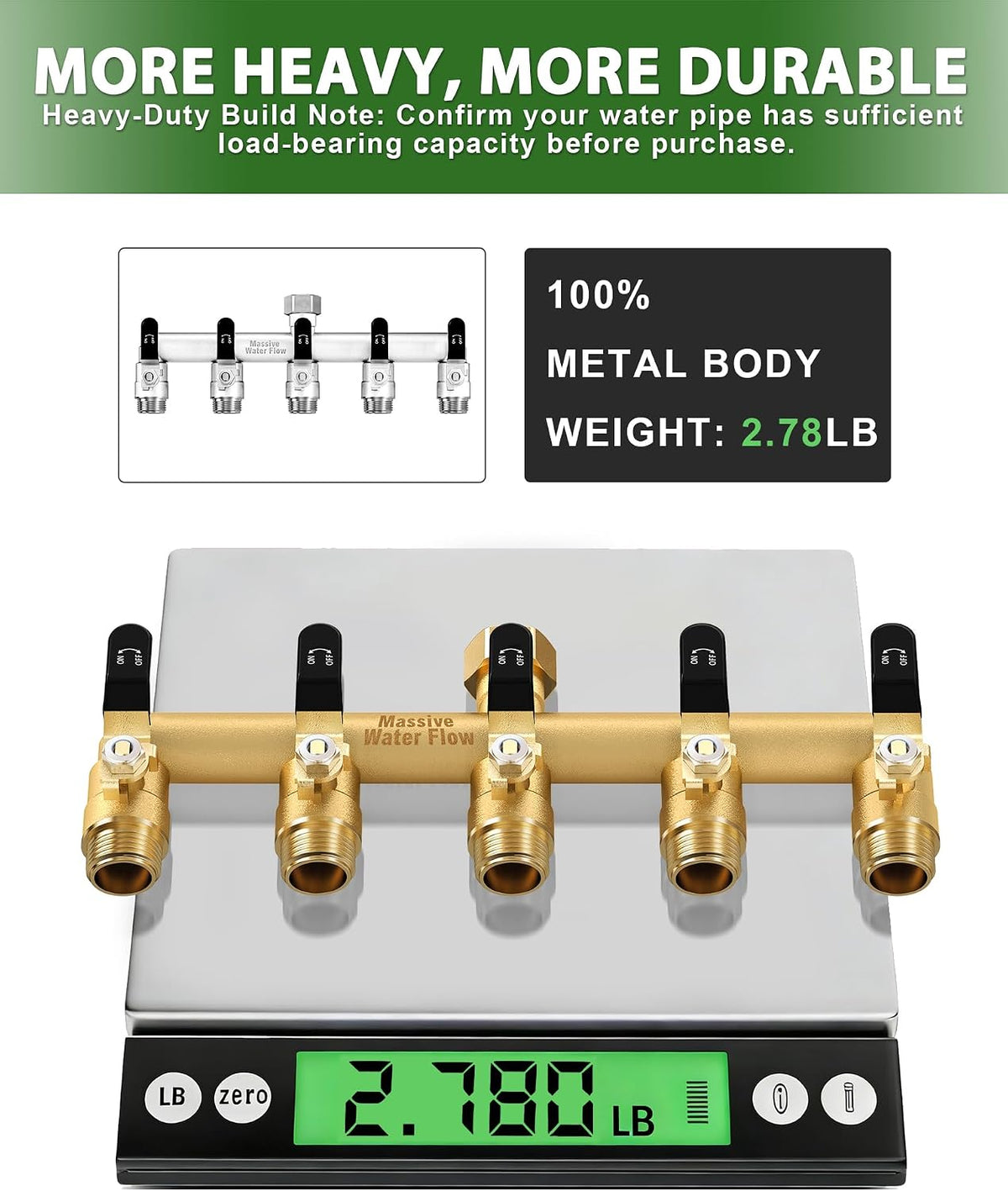 5 Way Hose Splitter, Heavy Duty Full Flow Garden Hose Splitter with 5 Large Metal Handles, Brass Water Hose Bib Splitter, T Adapter Connector with 3/4 - Inch GHT Thread (Green)