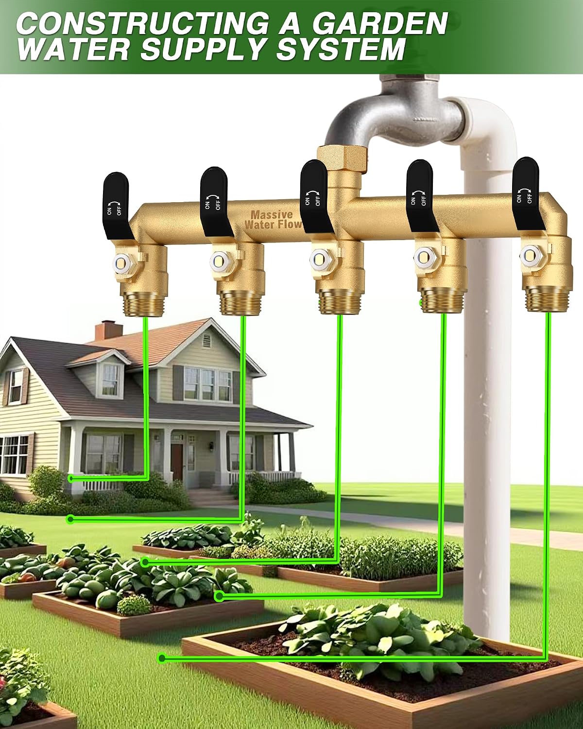 5 Way Hose Splitter, Heavy Duty Full Flow Garden Hose Splitter with 5 Large Metal Handles, Brass Water Hose Bib Splitter, T Adapter Connector with 3/4 - Inch GHT Thread (Green)