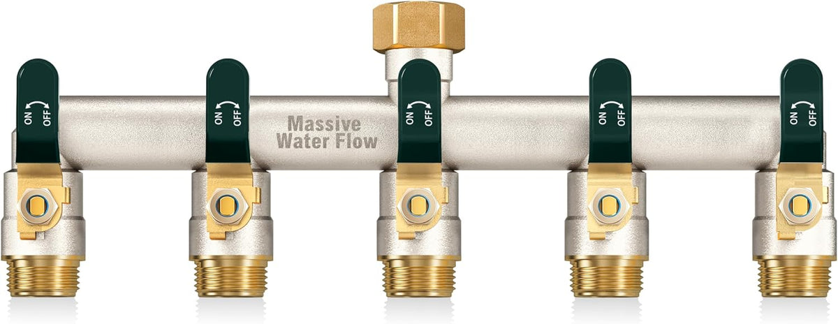 5 Way Hose Splitter, Heavy Duty Full Flow Garden Hose Splitter with 5 Large Metal Handles, Brass Water Hose Bib Splitter, T Adapter Connector with 3/4 - Inch GHT Thread (Green)