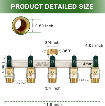 5 Way Hose Splitter, Heavy Duty Full Flow Garden Hose Splitter with 5 Large Metal Handles, Brass Water Hose Bib Splitter, T Adapter Connector with 3/4 - Inch GHT Thread (Green)