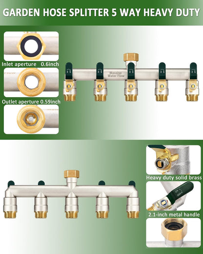 5 Way Hose Splitter, Heavy Duty Full Flow Garden Hose Splitter with 5 Large Metal Handles, Brass Water Hose Bib Splitter, T Adapter Connector with 3/4 - Inch GHT Thread (Green)