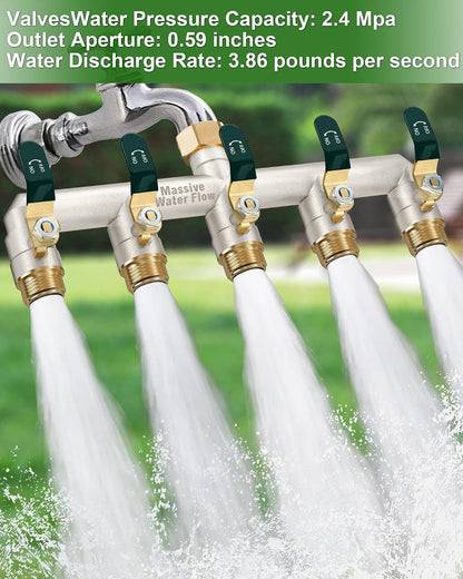 5 Way Hose Splitter, Heavy Duty Full Flow Garden Hose Splitter with 5 Large Metal Handles, Brass Water Hose Bib Splitter, T Adapter Connector with 3/4 - Inch GHT Thread (Green)
