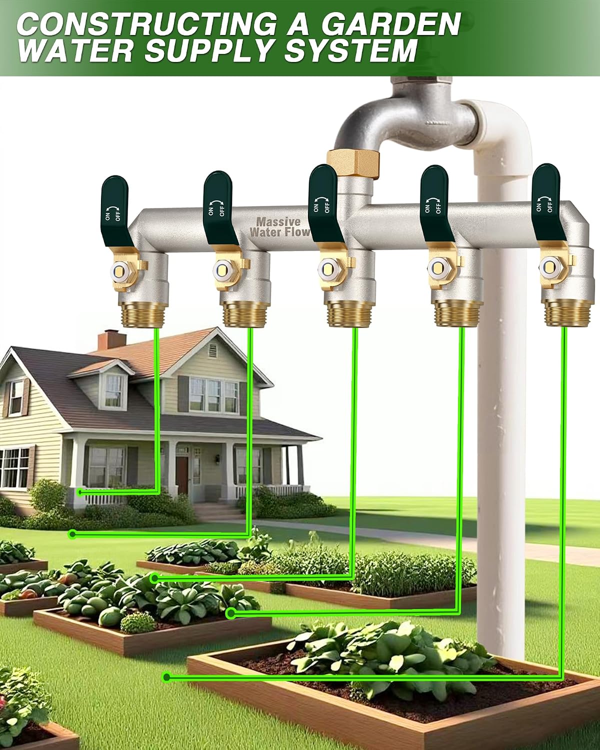5 Way Hose Splitter, Heavy Duty Full Flow Garden Hose Splitter with 5 Large Metal Handles, Brass Water Hose Bib Splitter, T Adapter Connector with 3/4 - Inch GHT Thread (Green)