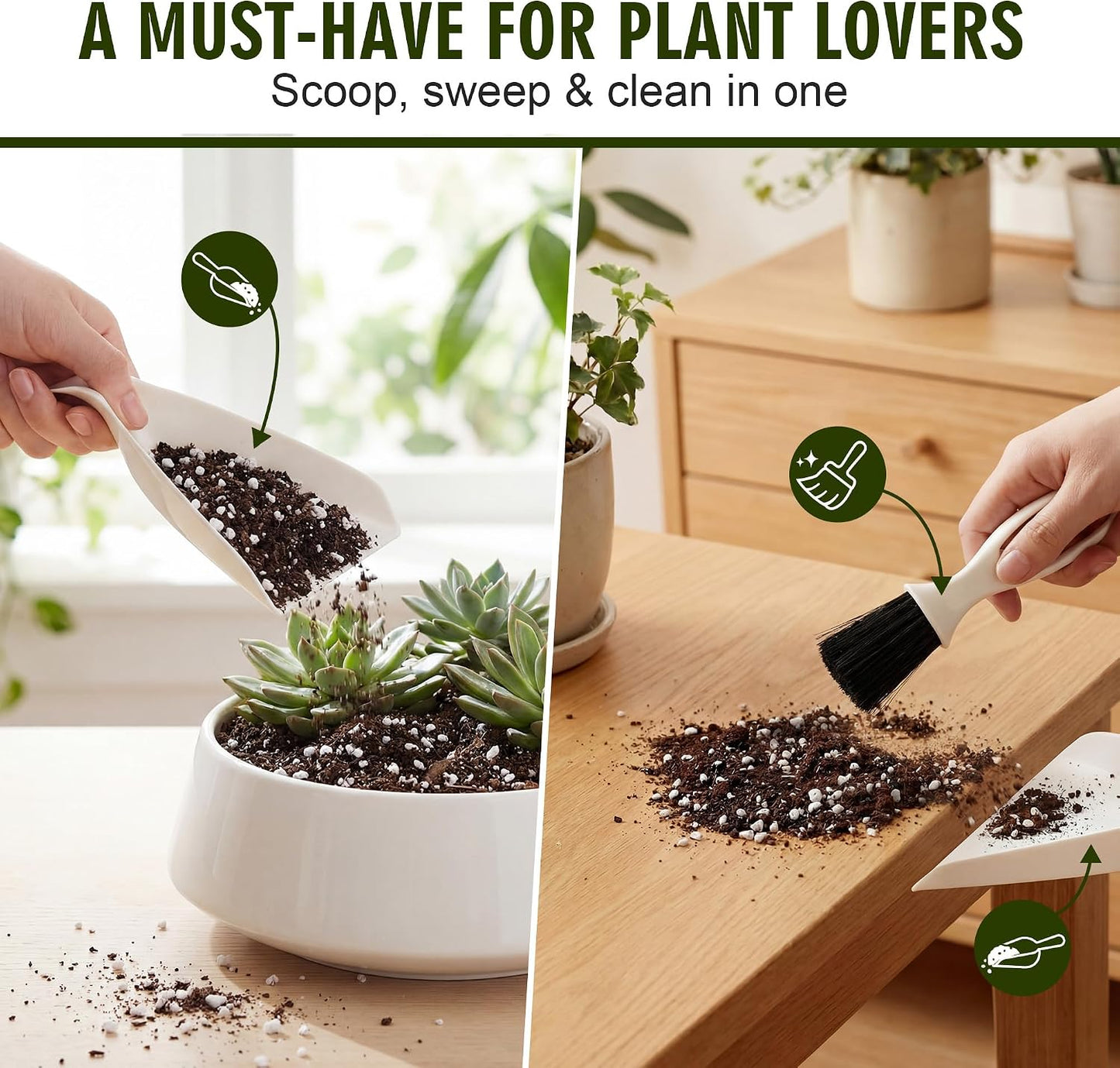 Enhon Mini Soil Scoop and Brush Set for Indoor Plant Repotting