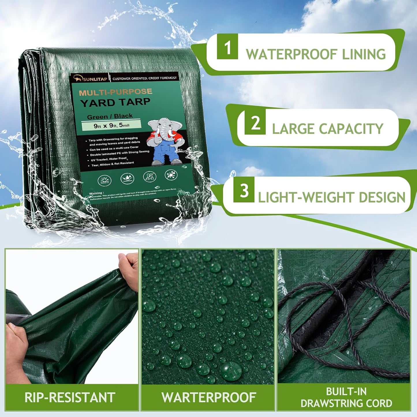Drawstring Tarps 9x9 Ft, Waterproof Leaf Tarp 4 Drawstrings