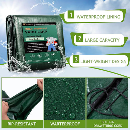 Drawstring Tarps 9x9 Ft, Waterproof Leaf Tarp 4 Drawstrings