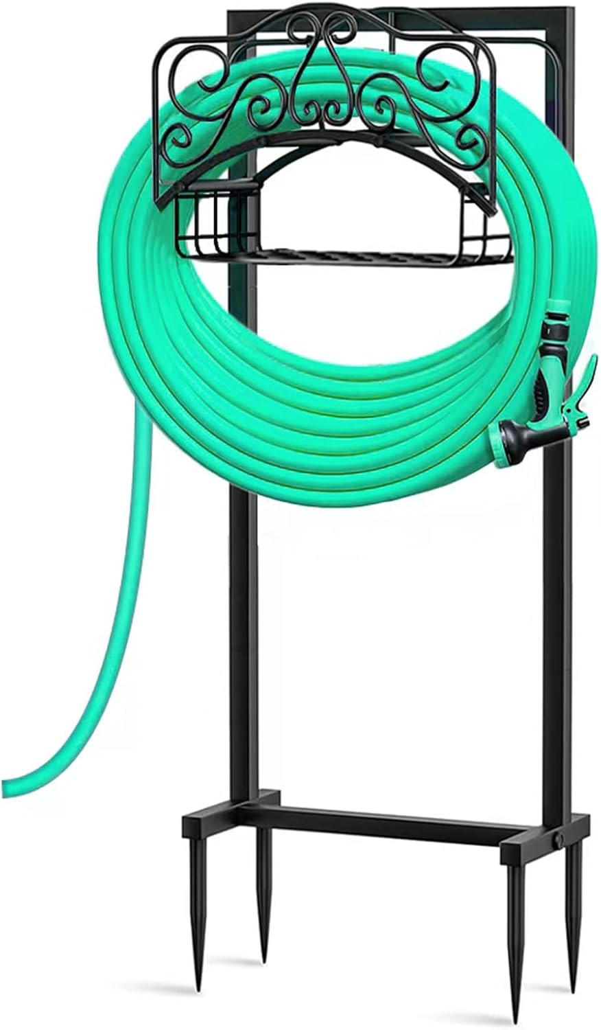 Garden Hose Holder, Freestanding Water Hose Hanger with 4 Spikes, Heavy Duty Metal Hose Stand Holds 150ft Hose, Detachable Garden Storage Tools with Storage Layer for Outside Yard (Hose Not Included)