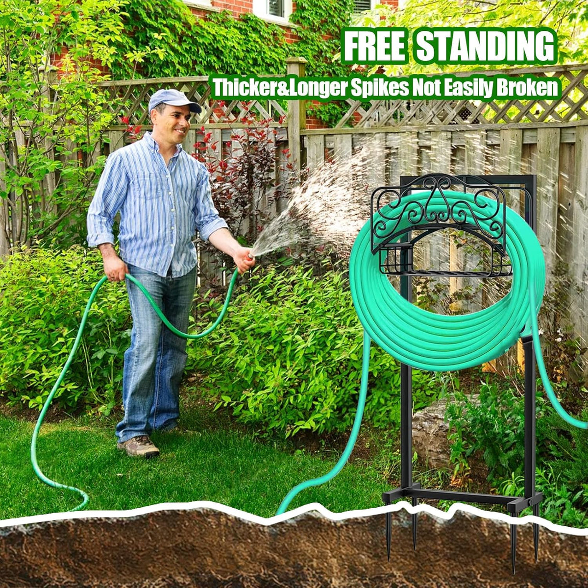 Garden Hose Holder, Freestanding Water Hose Hanger with 4 Spikes, Heavy Duty Metal Hose Stand Holds 150ft Hose, Detachable Garden Storage Tools with Storage Layer for Outside Yard (Hose Not Included)