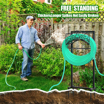 Garden Hose Holder, Freestanding Water Hose Hanger with 4 Spikes, Heavy Duty Metal Hose Stand Holds 150ft Hose, Detachable Garden Storage Tools with Storage Layer for Outside Yard (Hose Not Included)