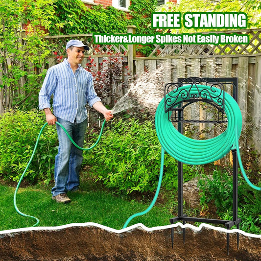 Garden Hose Holder, Freestanding Water Hose Hanger with 4 Spikes, Heavy Duty Metal Hose Stand Holds 150ft Hose, Detachable Garden Storage Tools with Storage Layer for Outside Yard (Hose Not Included)