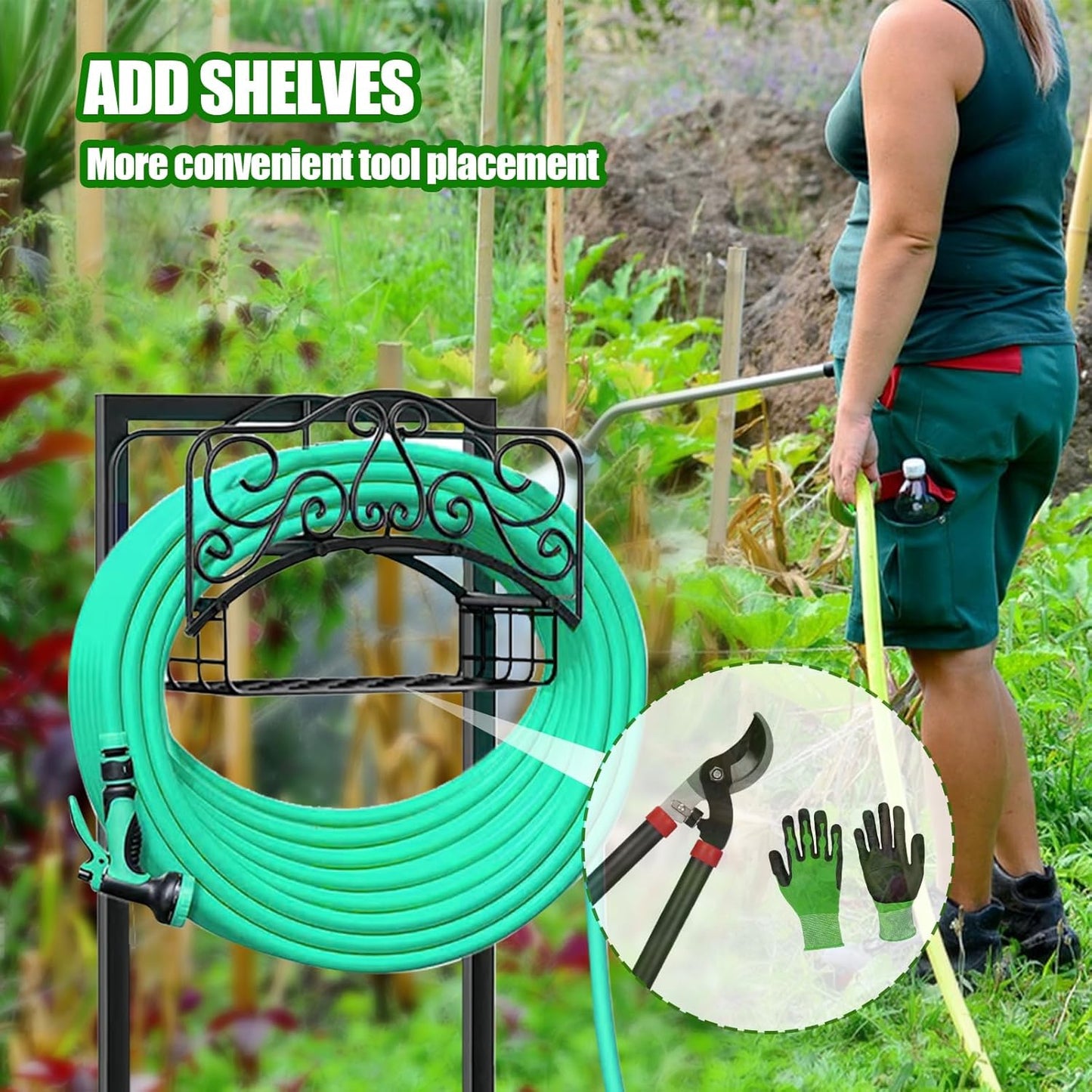 Garden Hose Holder, Freestanding Water Hose Hanger with 4 Spikes, Heavy Duty Metal Hose Stand Holds 150ft Hose, Detachable Garden Storage Tools with Storage Layer for Outside Yard (Hose Not Included)