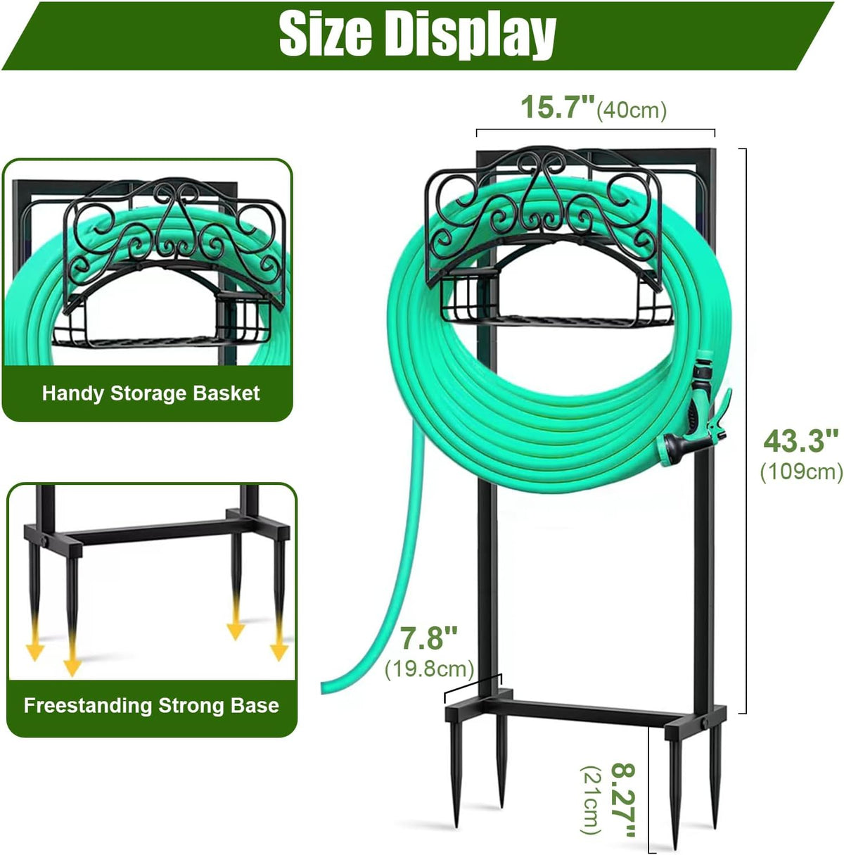 Garden Hose Holder, Freestanding Water Hose Hanger with 4 Spikes, Heavy Duty Metal Hose Stand Holds 150ft Hose, Detachable Garden Storage Tools with Storage Layer for Outside Yard (Hose Not Included)