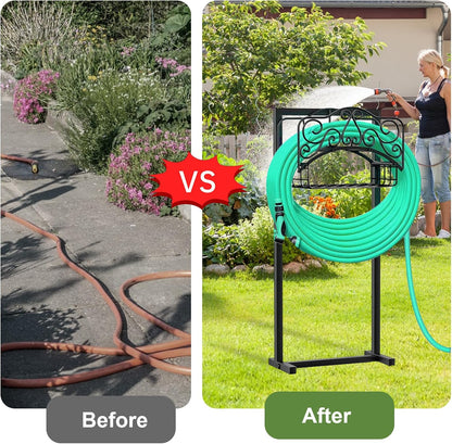 Garden Hose Holder, Freestanding Water Hose Hanger with 4 Spikes, Heavy Duty Metal Hose Stand Holds 150ft Hose, Detachable Garden Storage Tools with Storage Layer for Outside Yard (Hose Not Included)