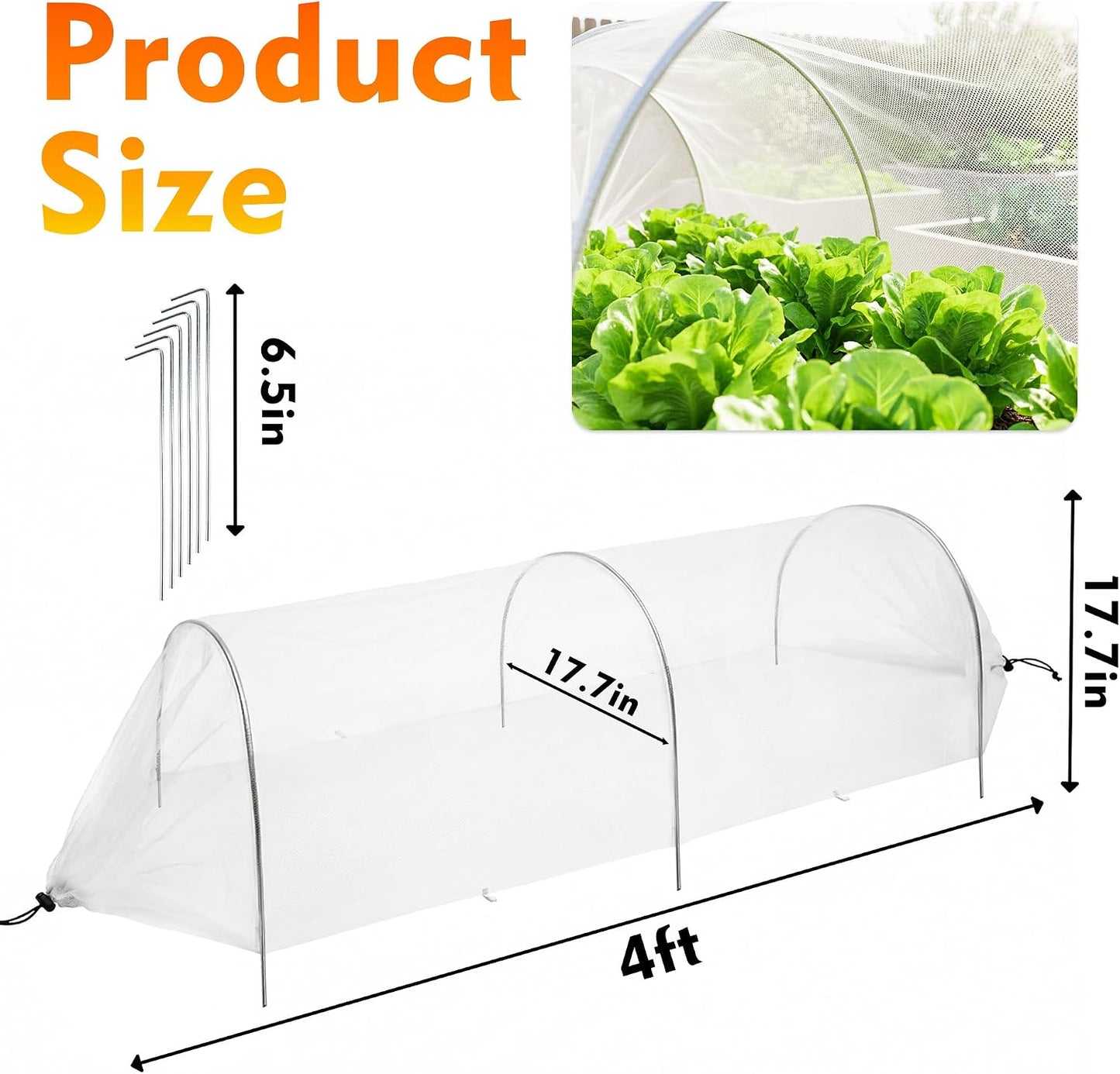 2PCS 4ft Garden Row Accelerator Plants Cover, Pop Up Garden Bed Tunnel Net with 6 Stakes, Ready-to-Use Design Garden Beds Vegetable Rows Plant Protector for Protecting Vegetable Fruit