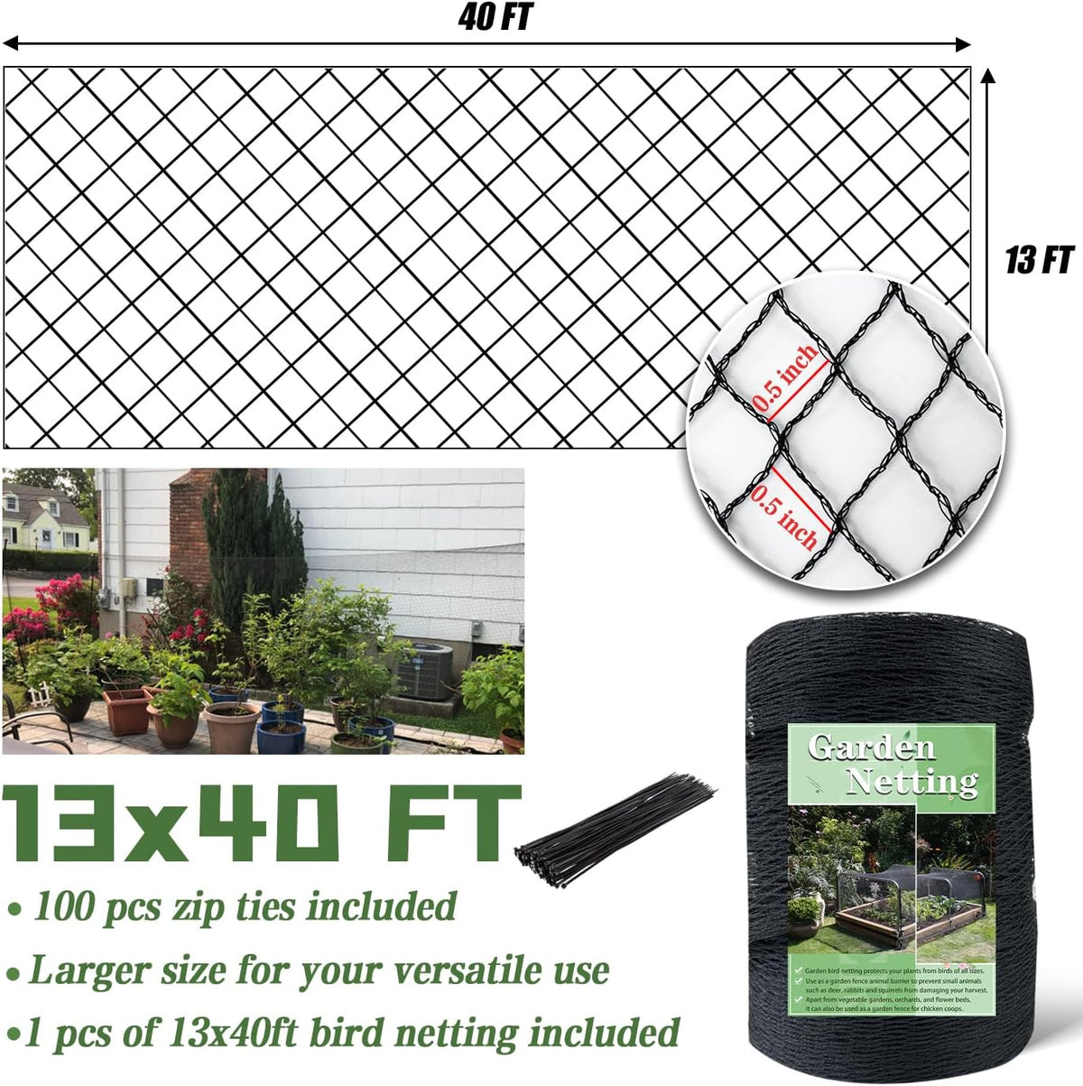 7.5 x 100 FT Bird Netting,1/2" Mesh Garden Netting,100PCS Zip Tie